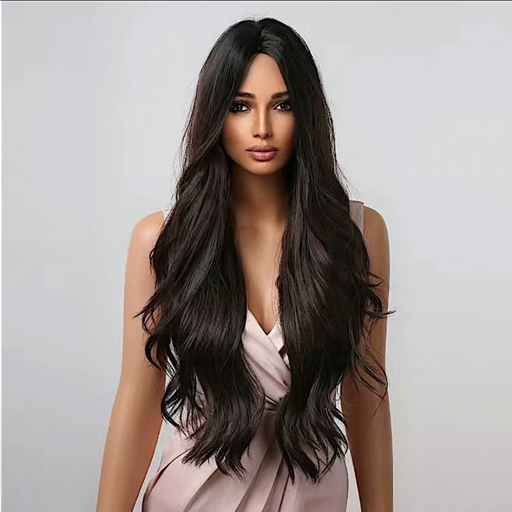 Dark Brown Long Layer Wavy Wig 28 Inches